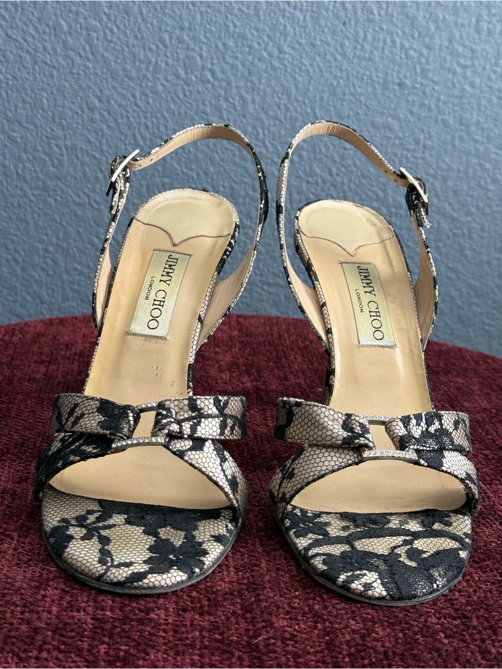 Jimmy Choo Black and Beige Lace Slingback Sandals